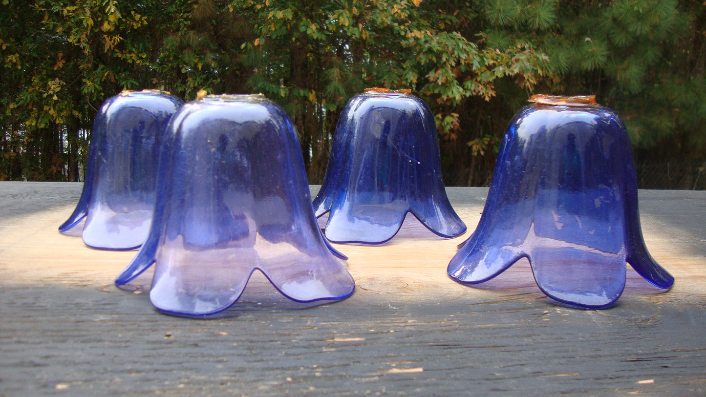 FOUR VINTAGE ART DECO BLUE FLORAL GLASS CHANDELIER LIGHT COVERS NO HOLES