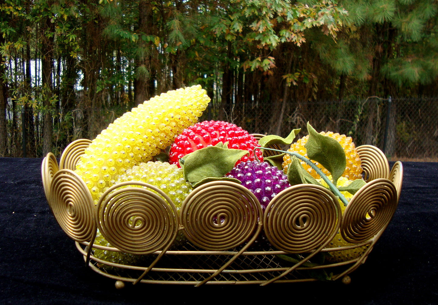 VINTAGE ART DECO BRASS BASKET SEQUIN BEADED 6 SIX FRUIT BANANA PEACH LEMON APPLE Abby Essie