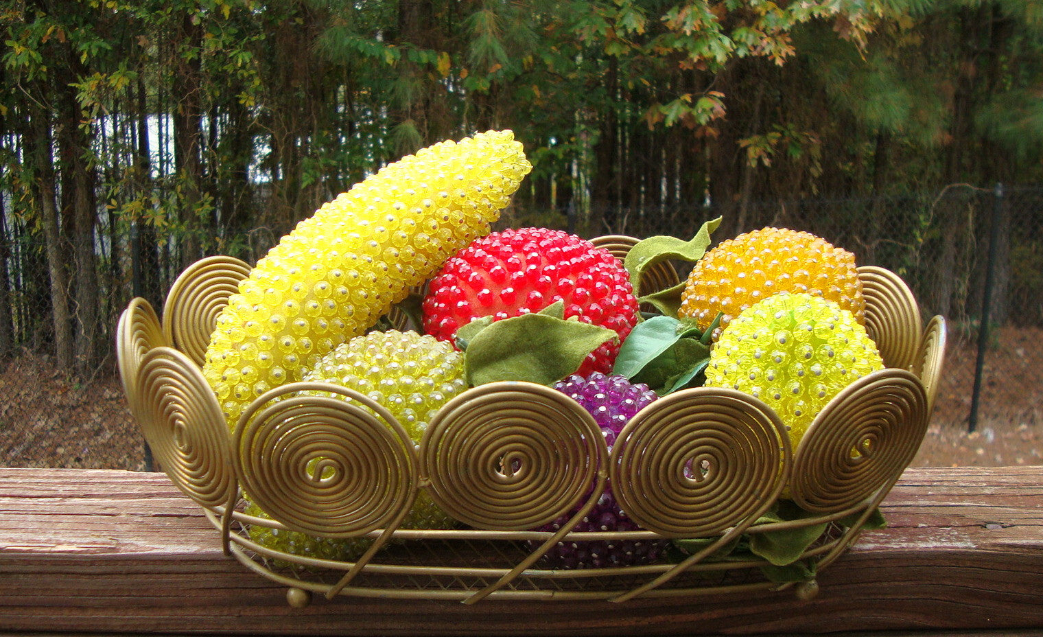 VINTAGE ART DECO BRASS BASKET SEQUIN BEADED 6 SIX FRUIT BANANA PEACH LEMON APPLE Abby Essie