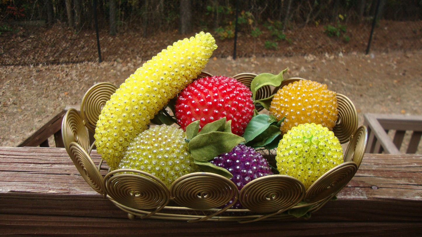 VINTAGE ART DECO BRASS BASKET SEQUIN BEADED 6 SIX FRUIT BANANA PEACH LEMON APPLE Abby Essie