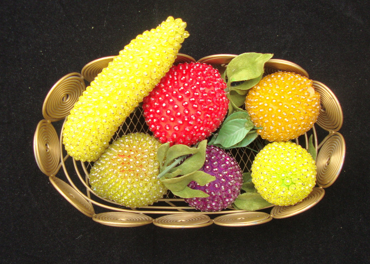 VINTAGE ART DECO BRASS BASKET SEQUIN BEADED 6 SIX FRUIT BANANA PEACH LEMON APPLE Abby Essie