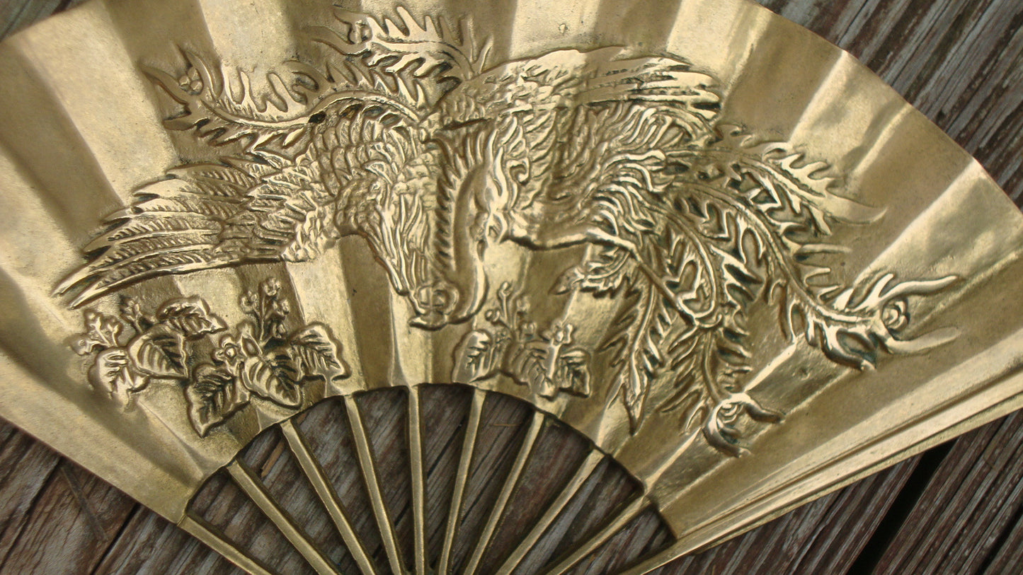 PAIR OF 2 VINTAGE FENG SHUI CHINESE BRASS DRAGON FANS SOLID BRASS