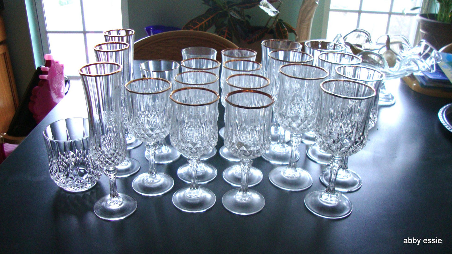 20 PC CRISTAL D ARQUES LONGCHAMPS FRENCH LEAD CRYSTAL GOLD TRIM GLASSWARE SET HM