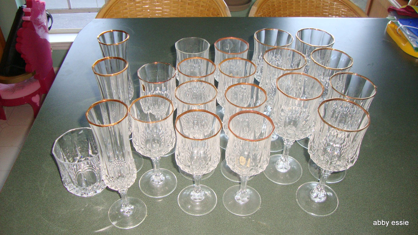 20 PC CRISTAL D ARQUES LONGCHAMPS FRENCH LEAD CRYSTAL GOLD TRIM GLASSWARE SET HM