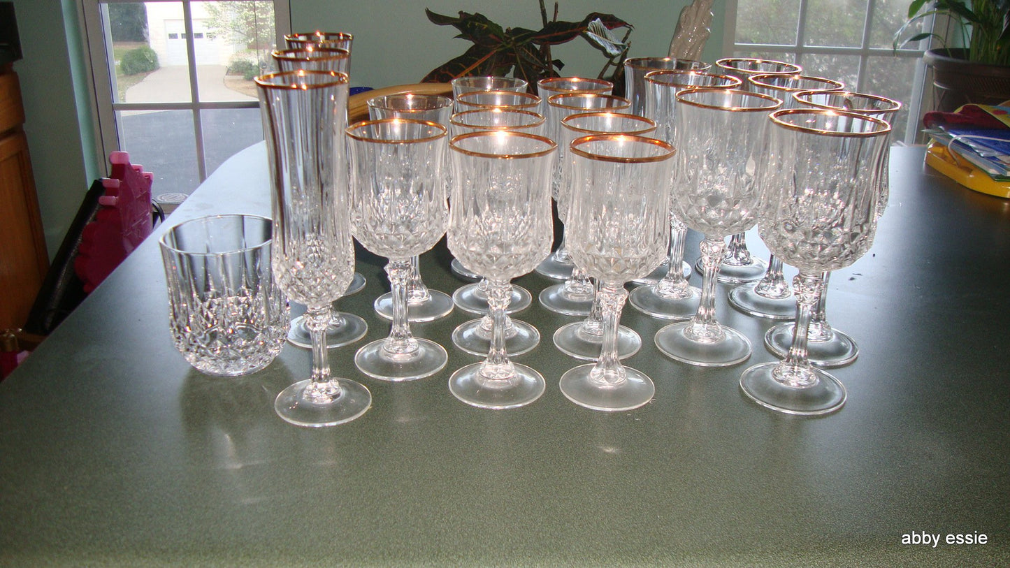 20 PC CRISTAL D ARQUES LONGCHAMPS FRENCH LEAD CRYSTAL GOLD TRIM GLASSWARE SET HM