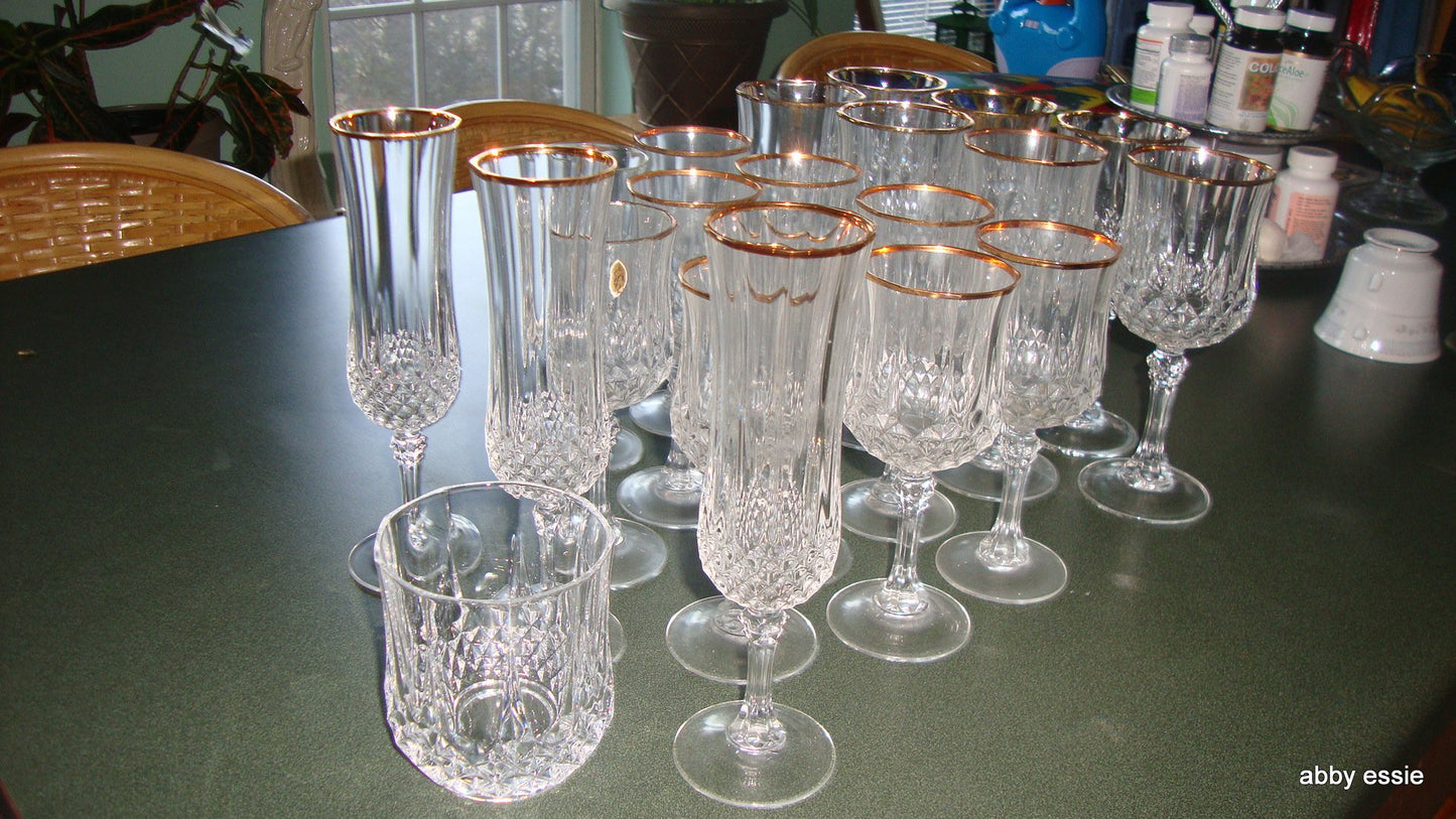 20 PC CRISTAL D ARQUES LONGCHAMPS FRENCH LEAD CRYSTAL GOLD TRIM GLASSWARE SET HM