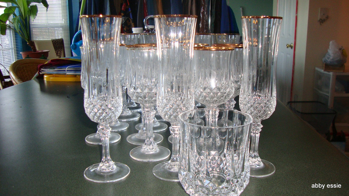 20 PC CRISTAL D ARQUES LONGCHAMPS FRENCH LEAD CRYSTAL GOLD TRIM GLASSWARE SET HM