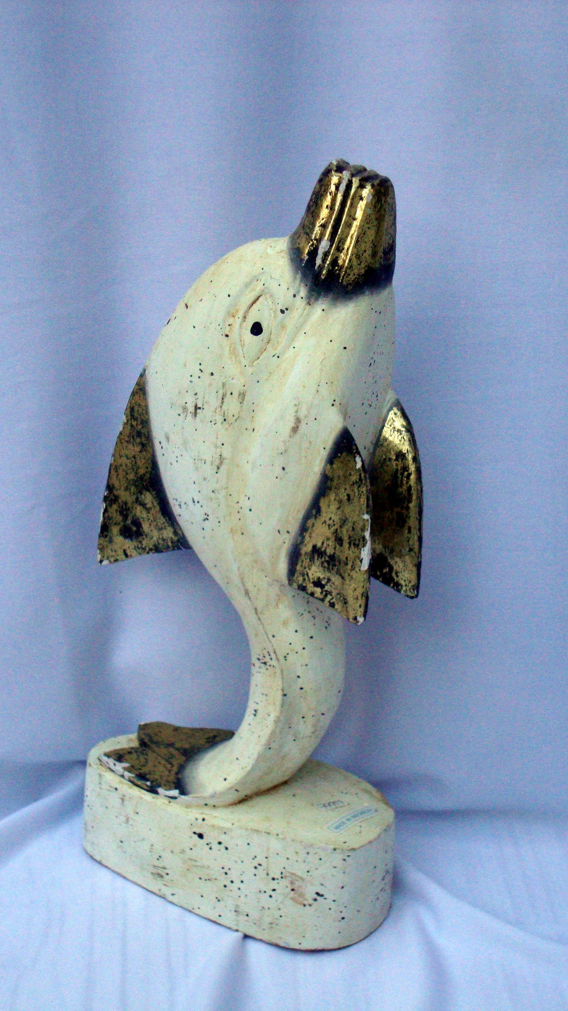 Vintage Indonesian Carved Wood Distressed Gold White Dolphin Fish Sculpture