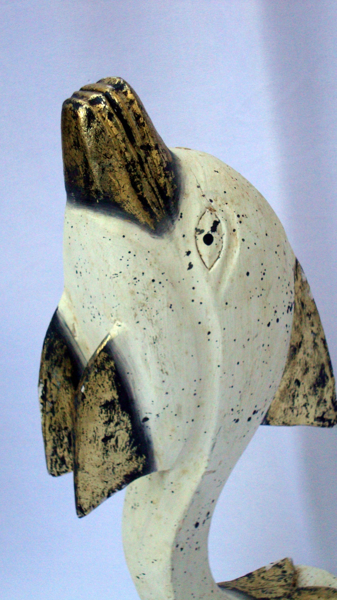 Vintage Indonesian Carved Wood Distressed Gold White Dolphin Fish Sculpture