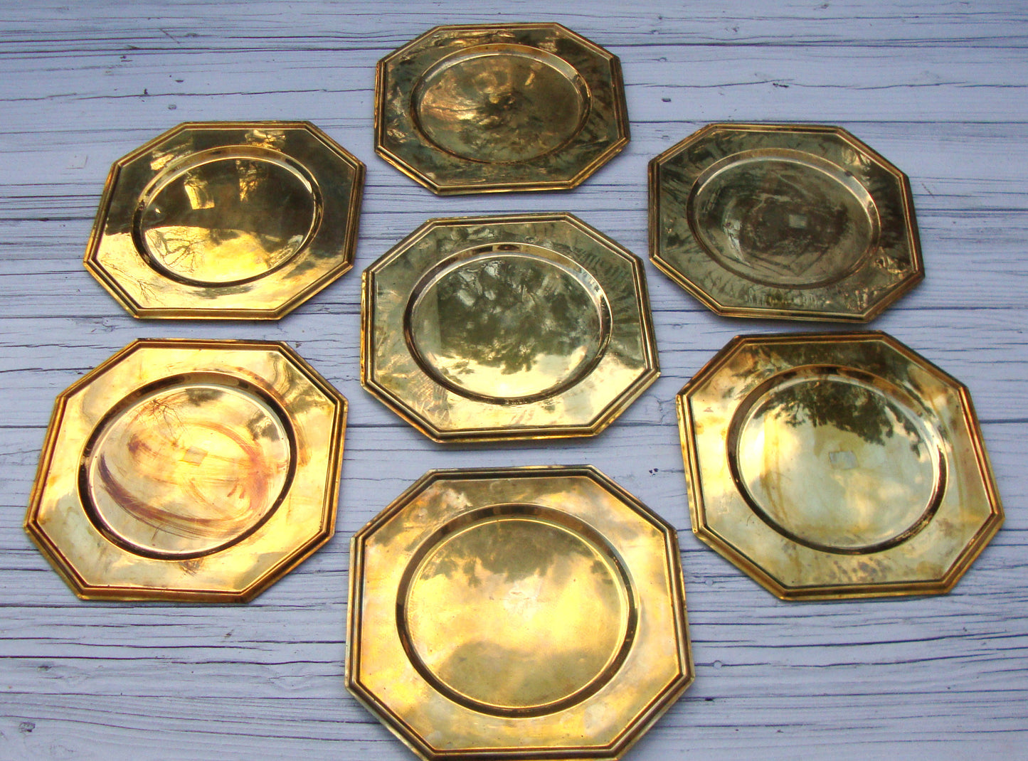 [SOLD Vintage Solid Brass Charger Plates Set of 6