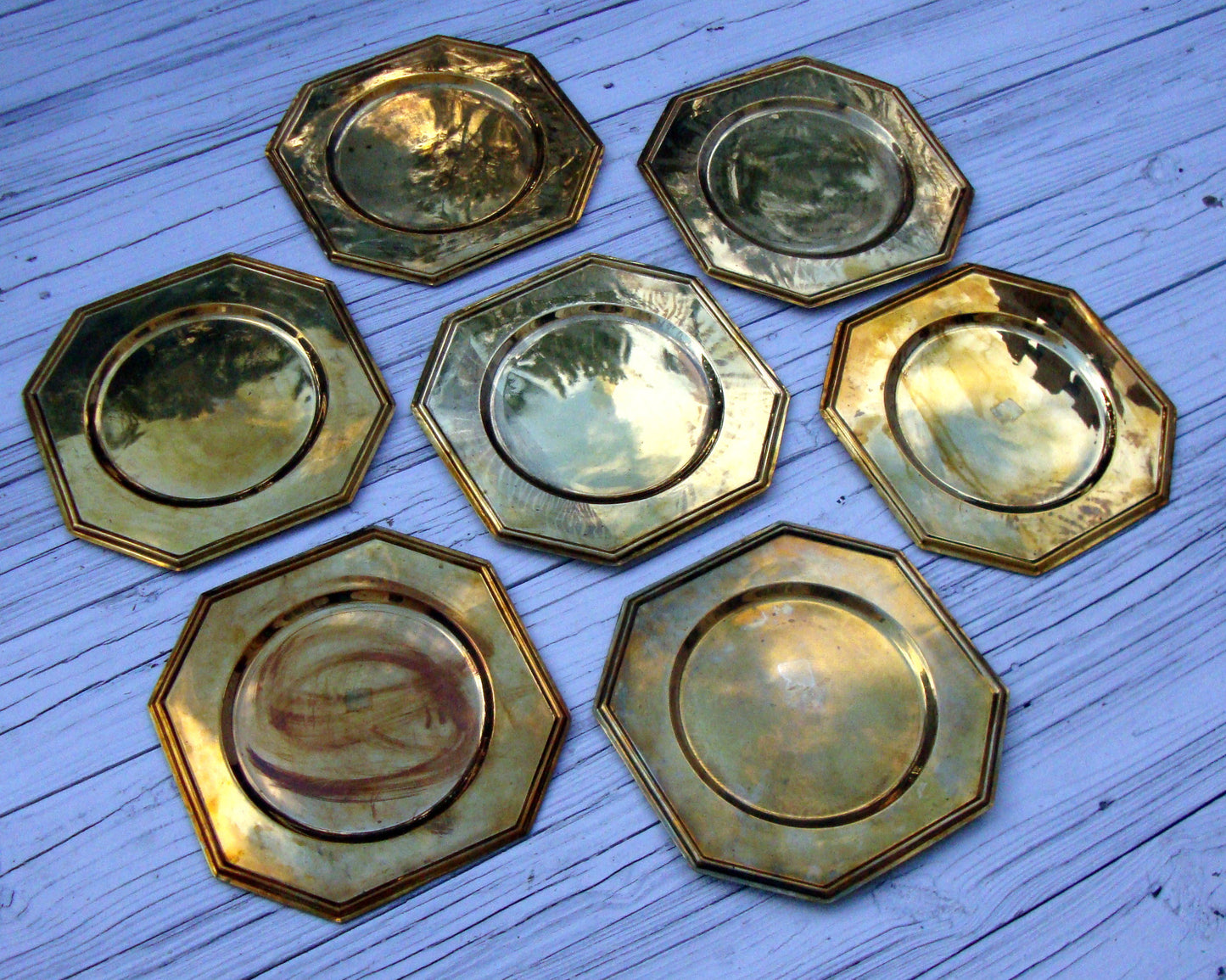 [SOLD Vintage Solid Brass Charger Plates Set of 6