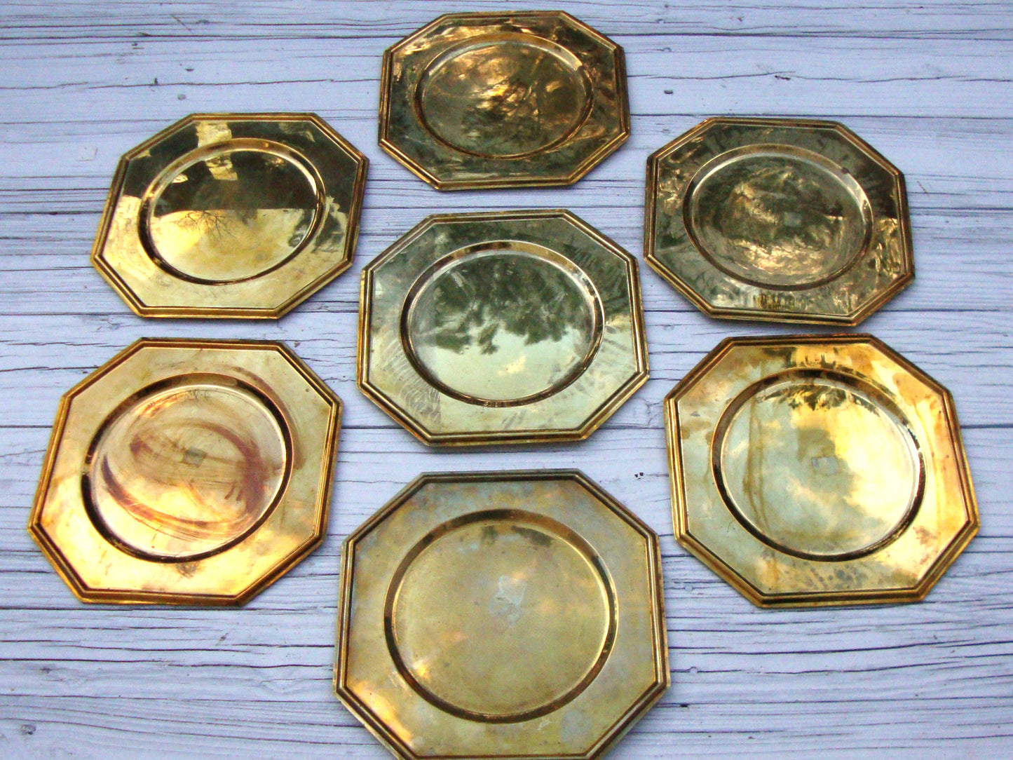 [SOLD Vintage Solid Brass Charger Plates Set of 6
