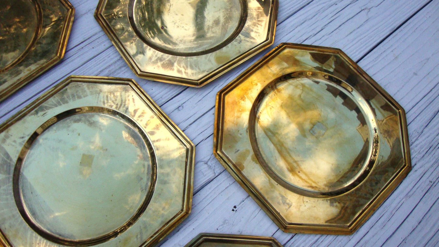 [SOLD Vintage Solid Brass Charger Plates Set of 6