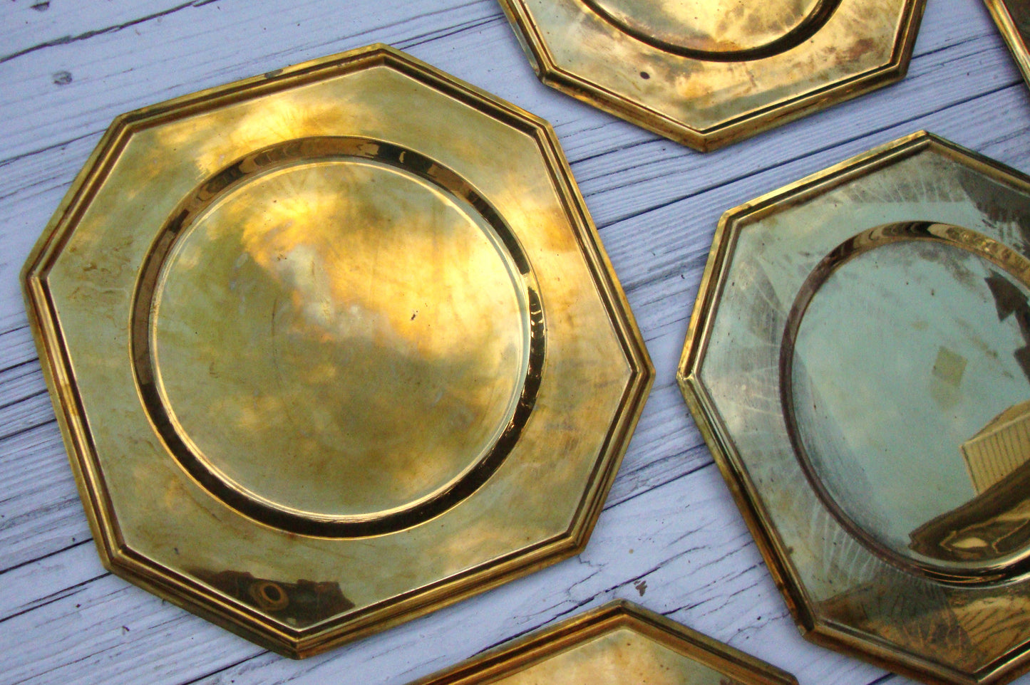 [SOLD Vintage Solid Brass Charger Plates Set of 6