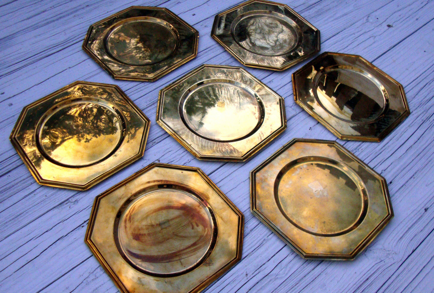 [SOLD Vintage Solid Brass Charger Plates Set of 6