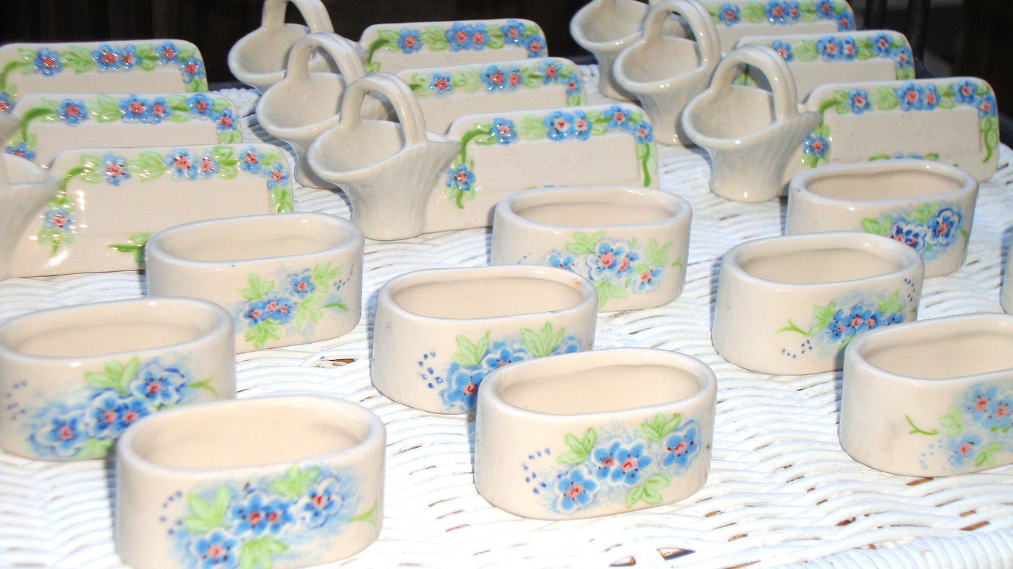 Vintage Hand painted Blue Cream Ceramic Napkin Rings & Place Holders Abby Essie