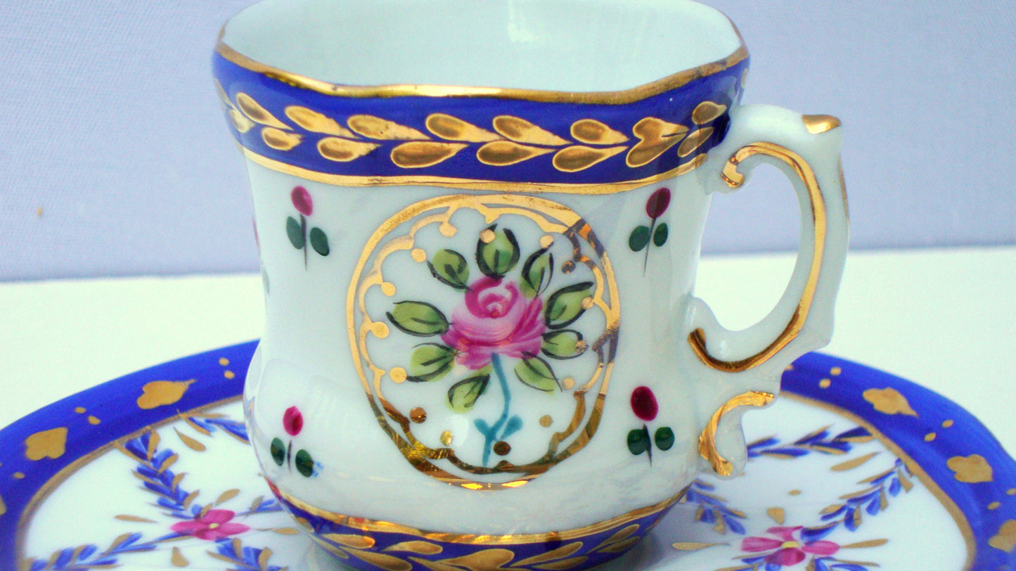 Limoges Gilt Blue Pink Porcelain Tea Cup & Saucer