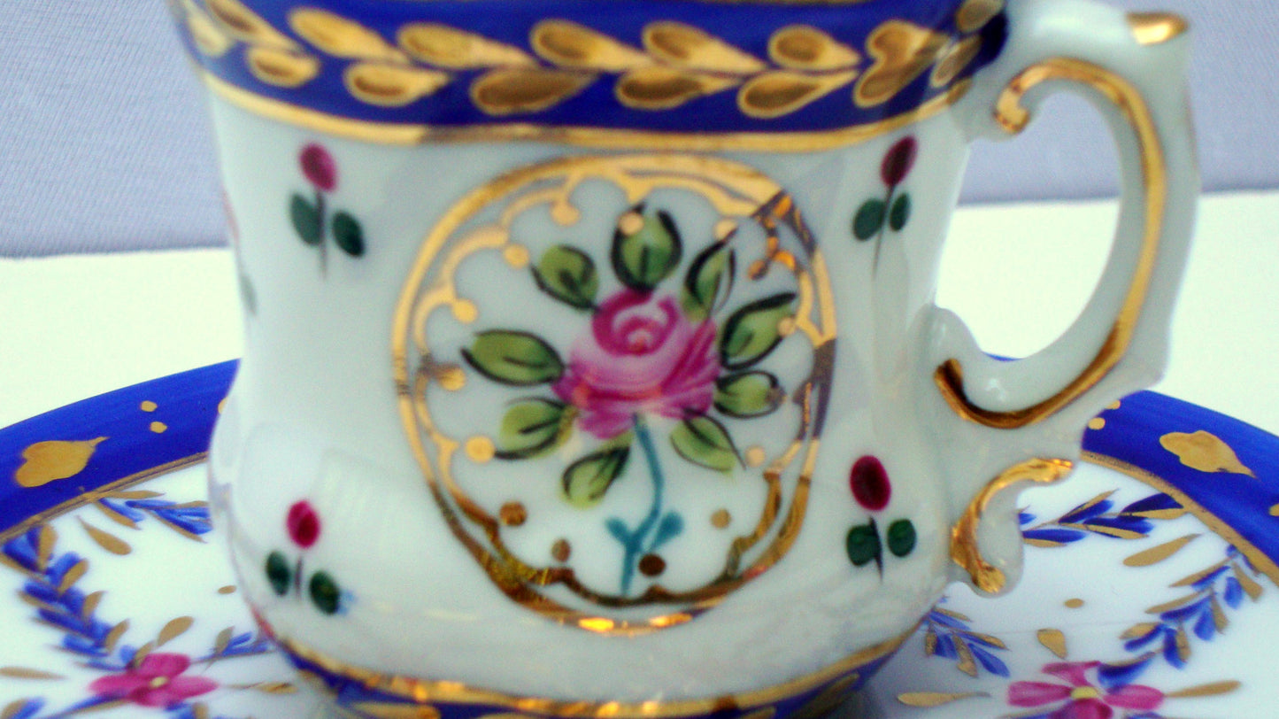 Limoges Gilt Blue Pink Porcelain Tea Cup & Saucer