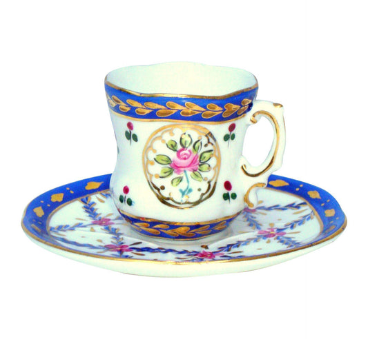 Limoges Gilt Blue Pink Porcelain Tea Cup & Saucer