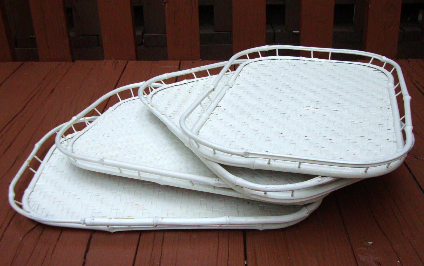 [SOLD] Hollywood Regency White Bamboo Rattan Trays