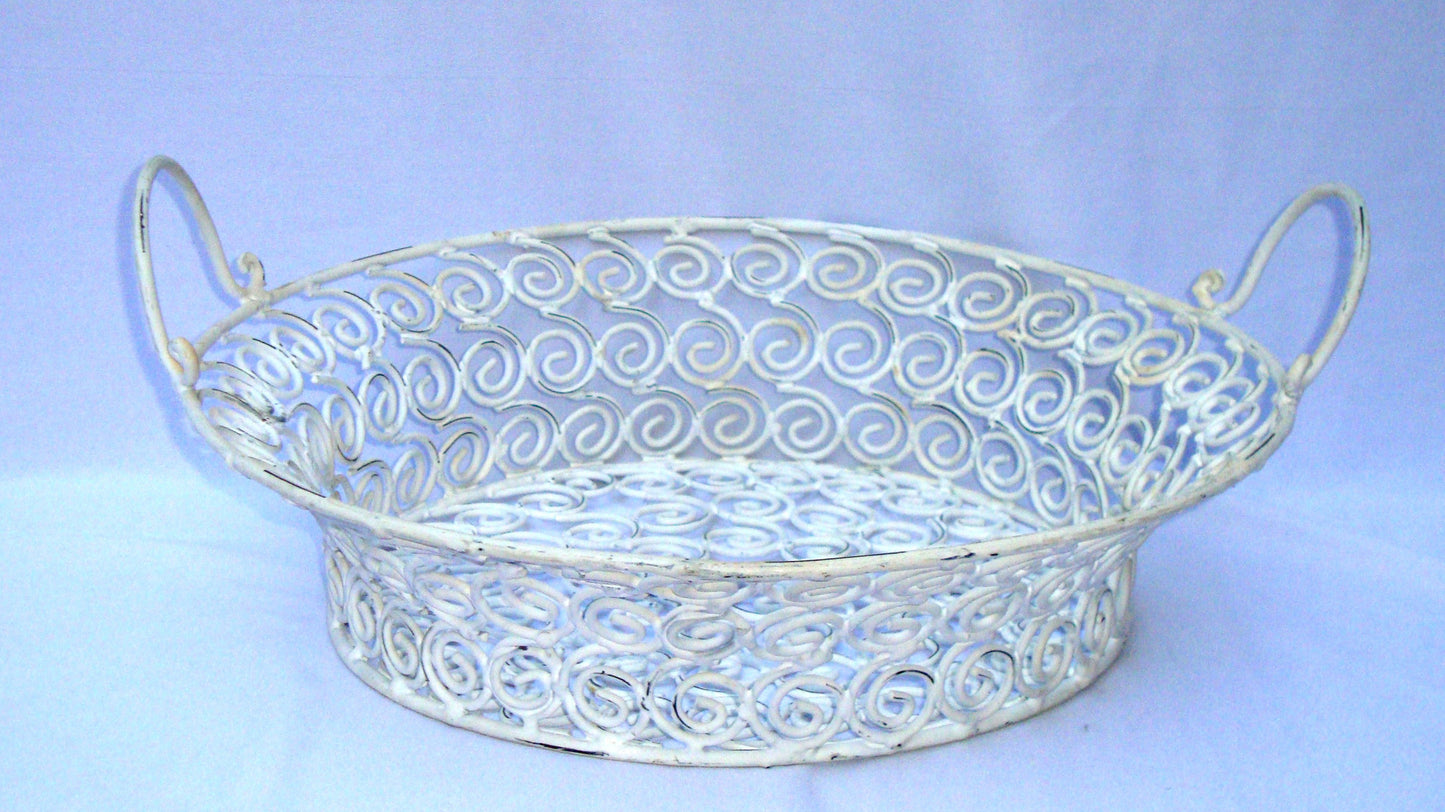 Vintage White Distressed Metal Iron Ornate Basket