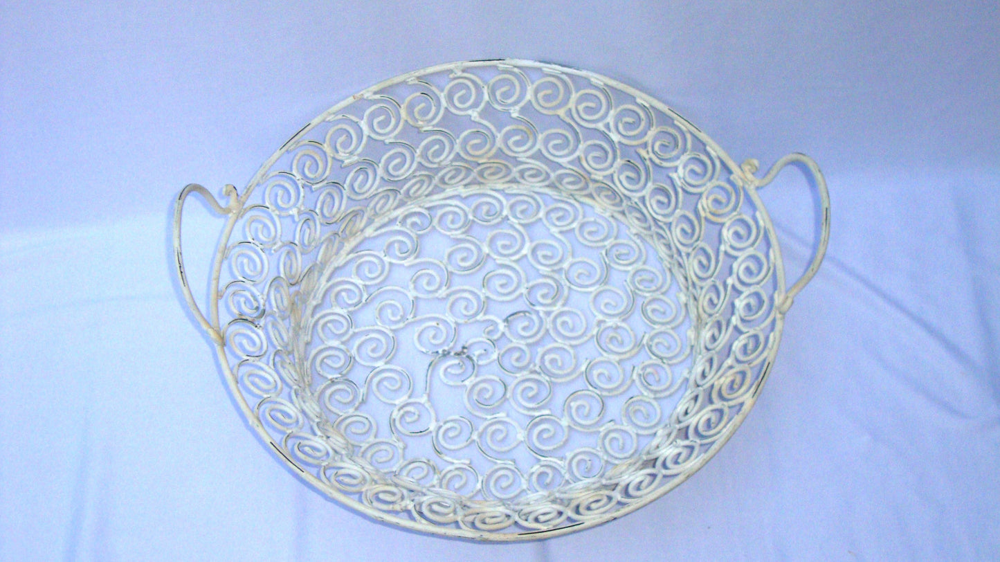 Vintage White Distressed Metal Iron Ornate Basket