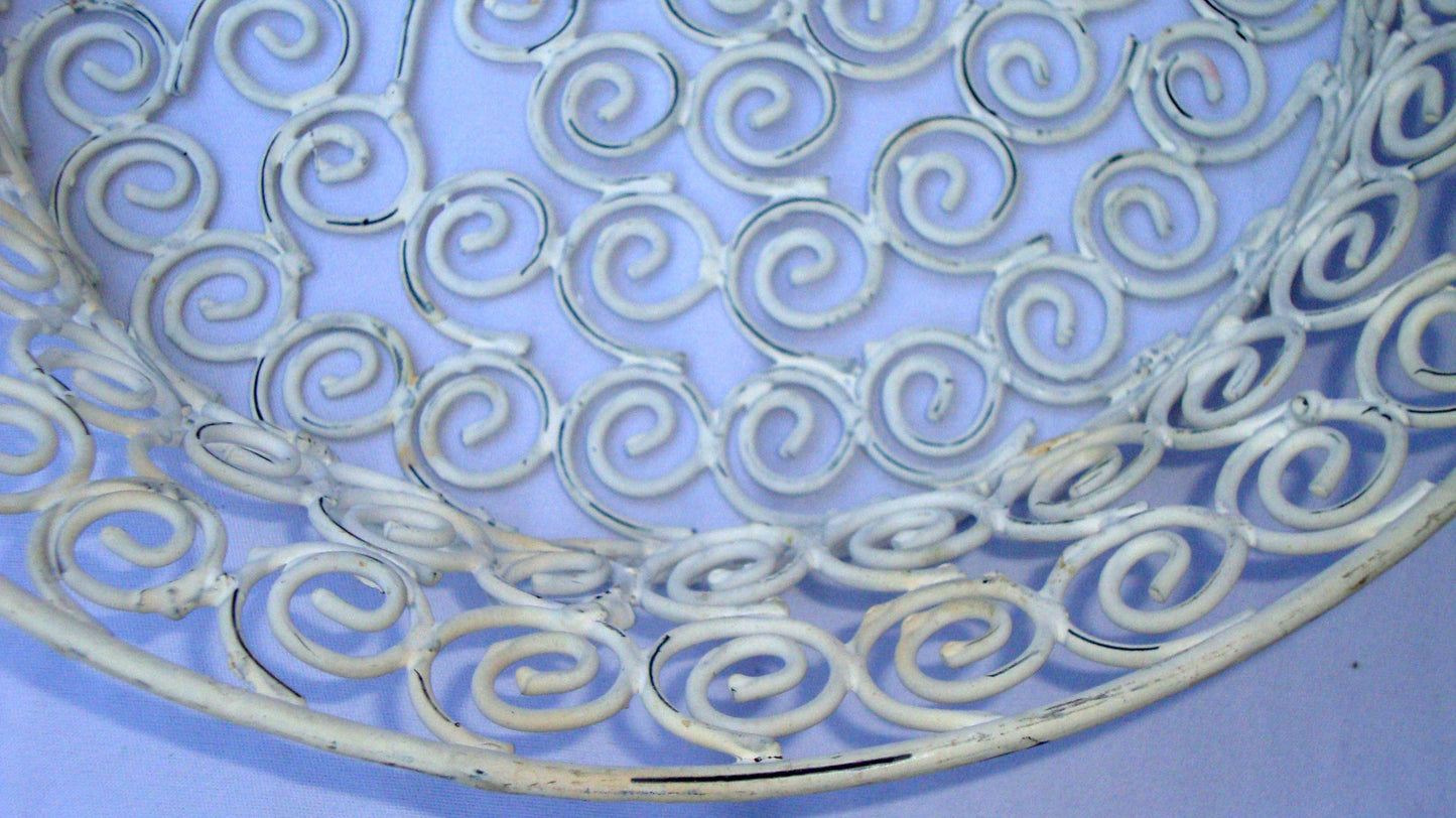 Vintage White Distressed Metal Iron Ornate Basket
