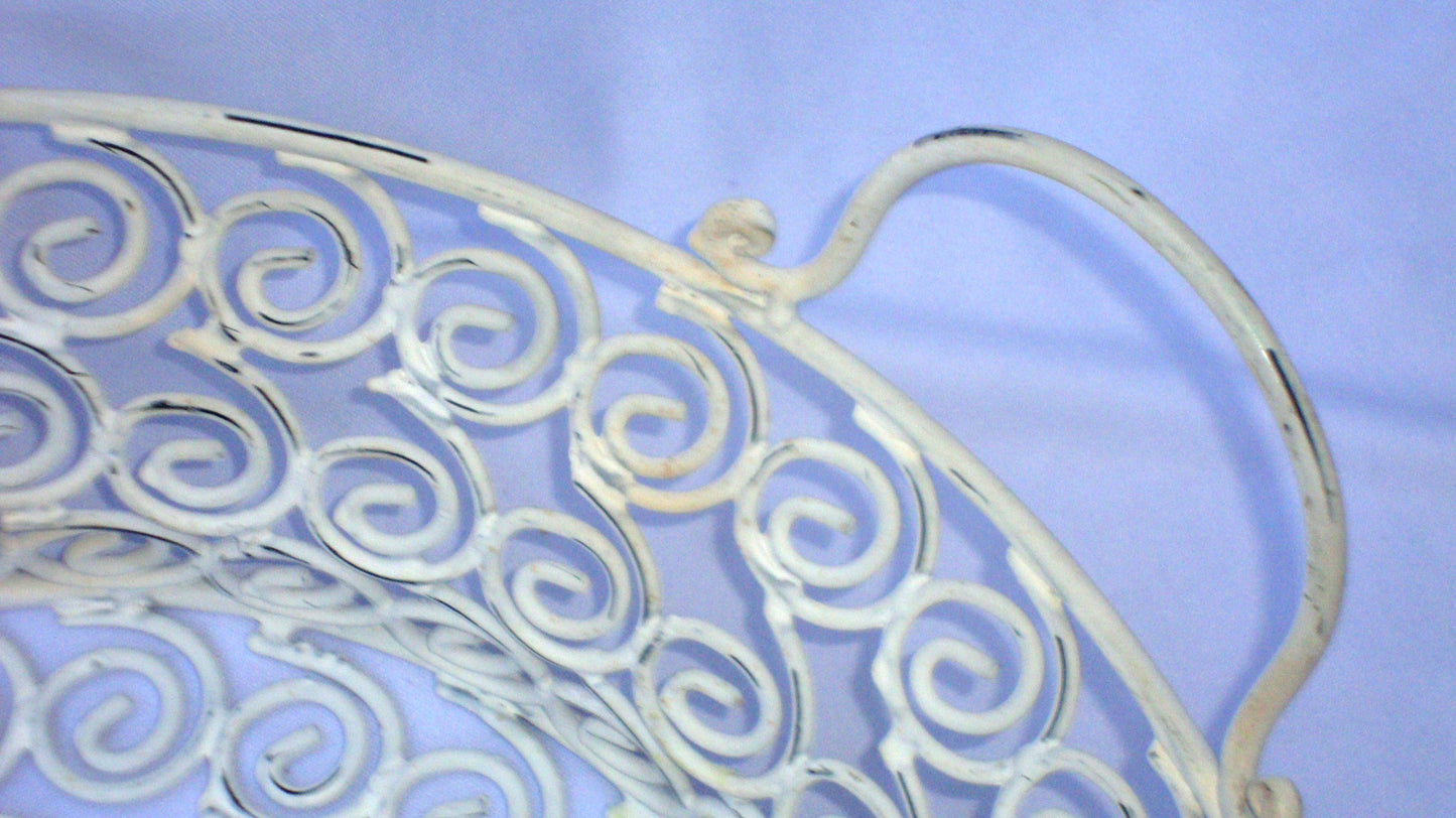 Vintage White Distressed Metal Iron Ornate Basket