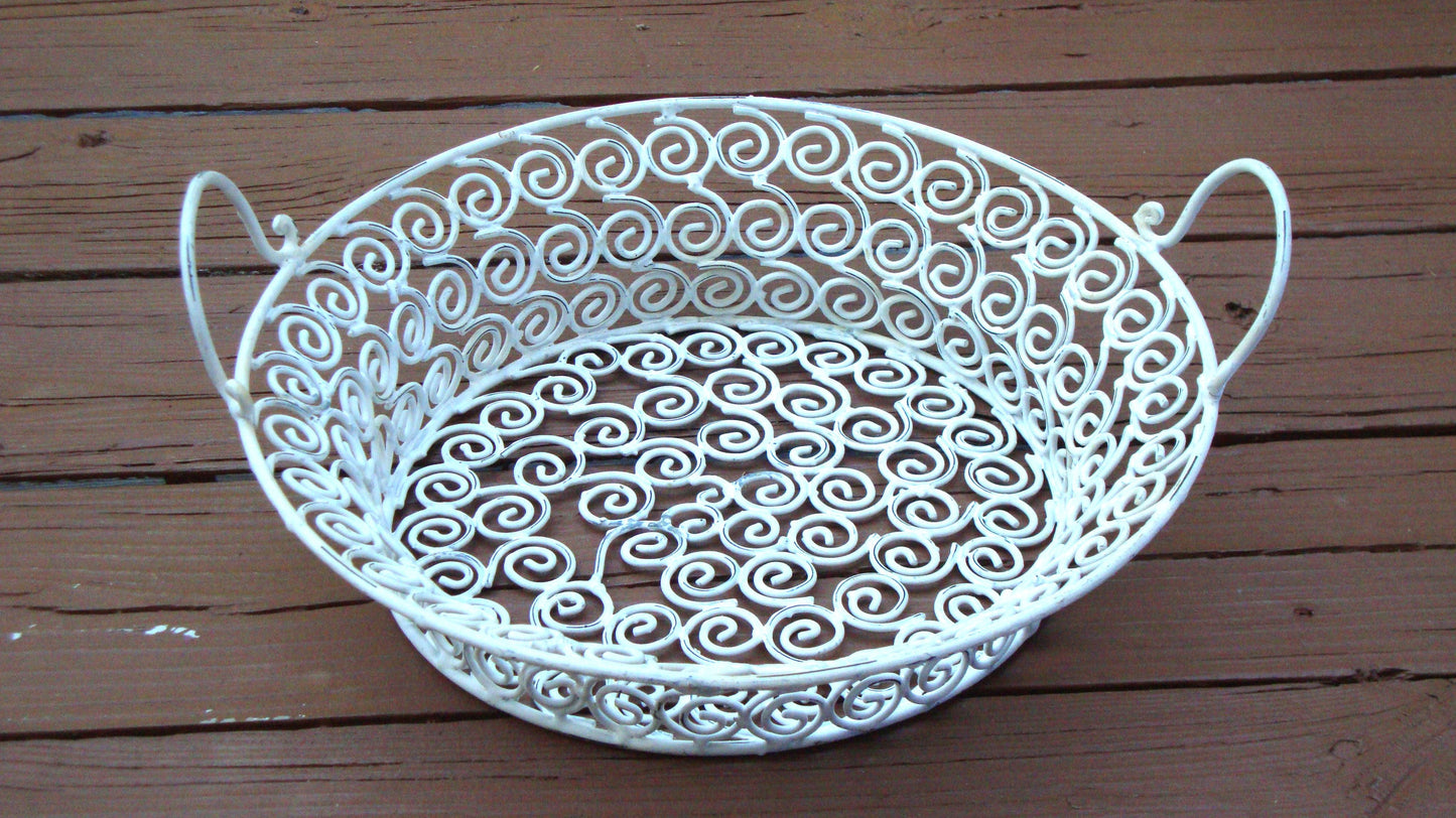 Vintage White Distressed Metal Iron Ornate Basket