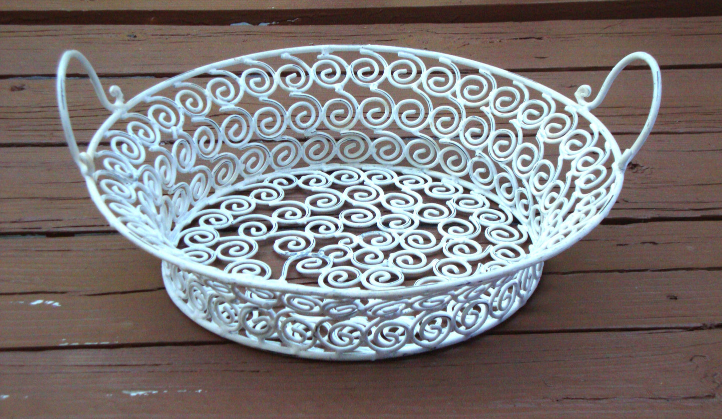 Vintage White Distressed Metal Iron Ornate Basket