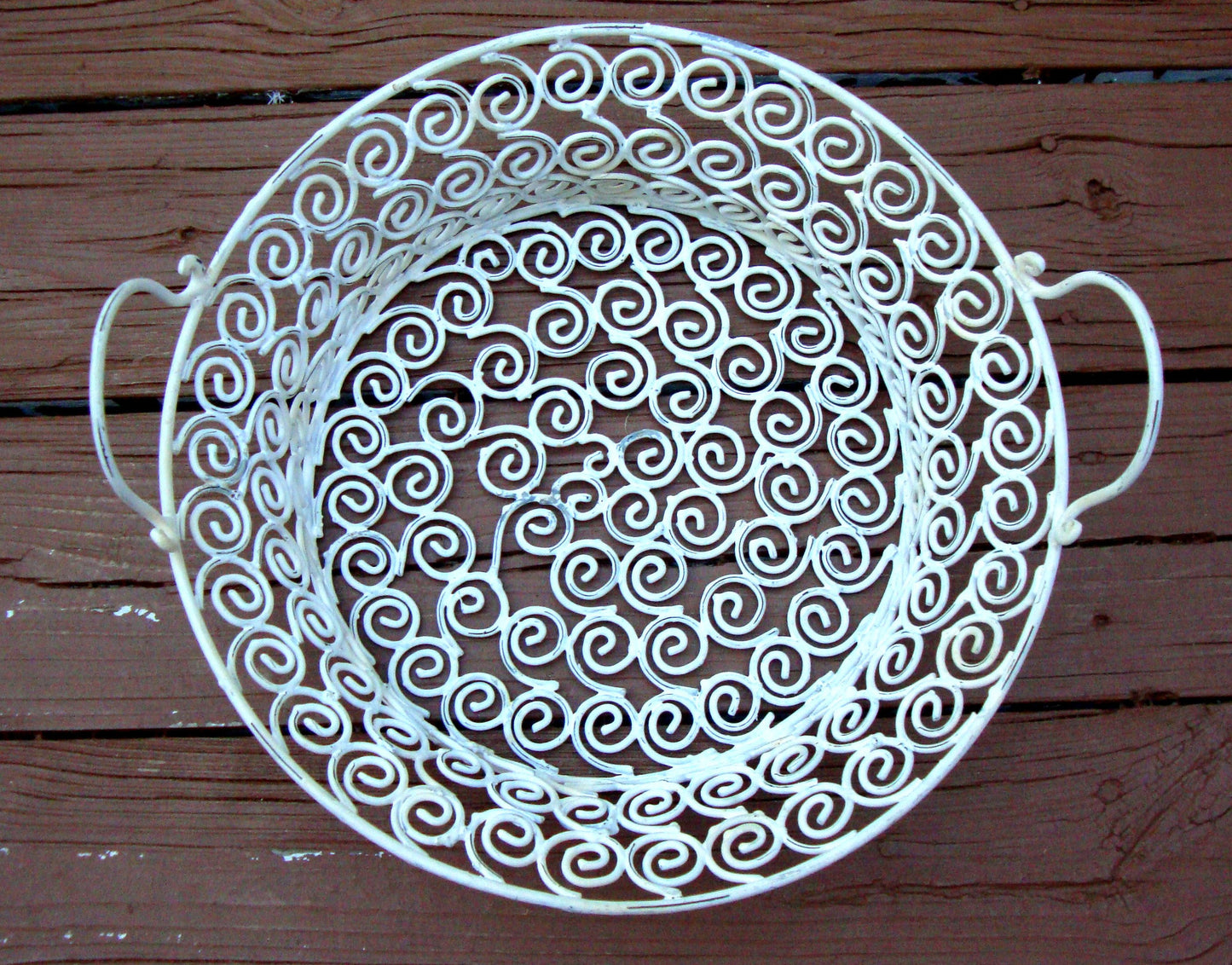 Vintage White Distressed Metal Iron Ornate Basket