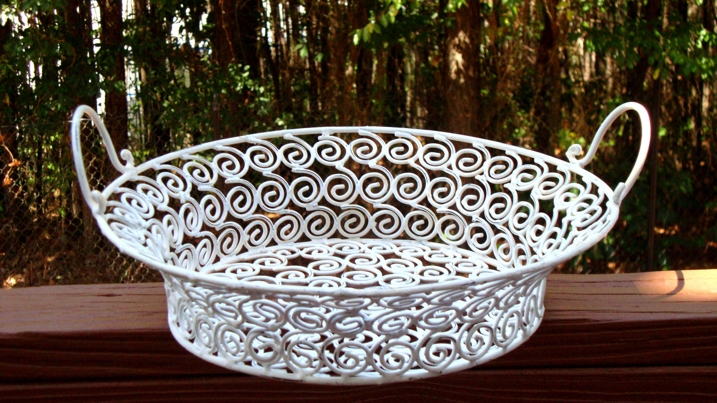 Vintage White Distressed Metal Iron Ornate Basket