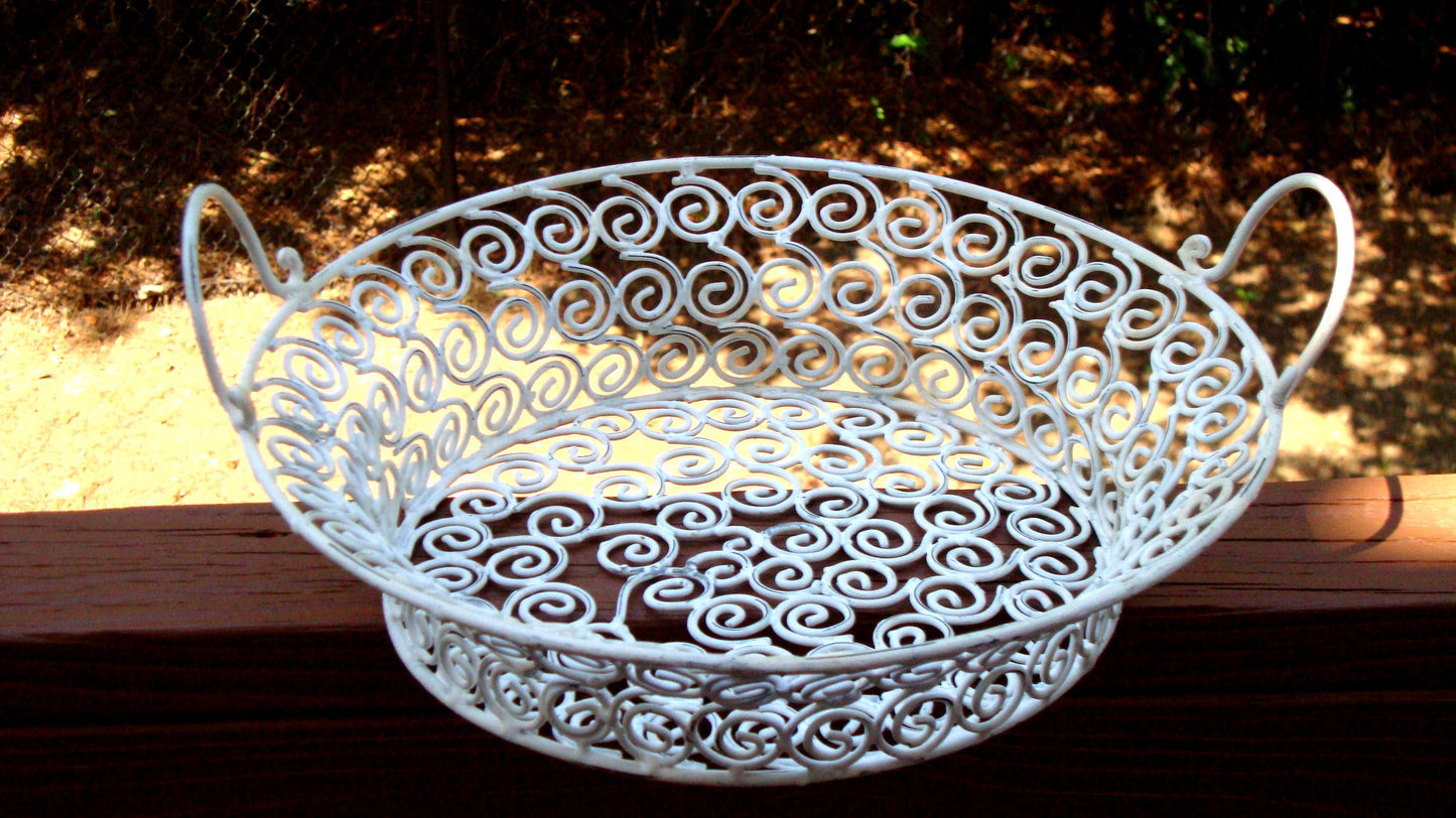 Vintage White Distressed Metal Iron Ornate Basket
