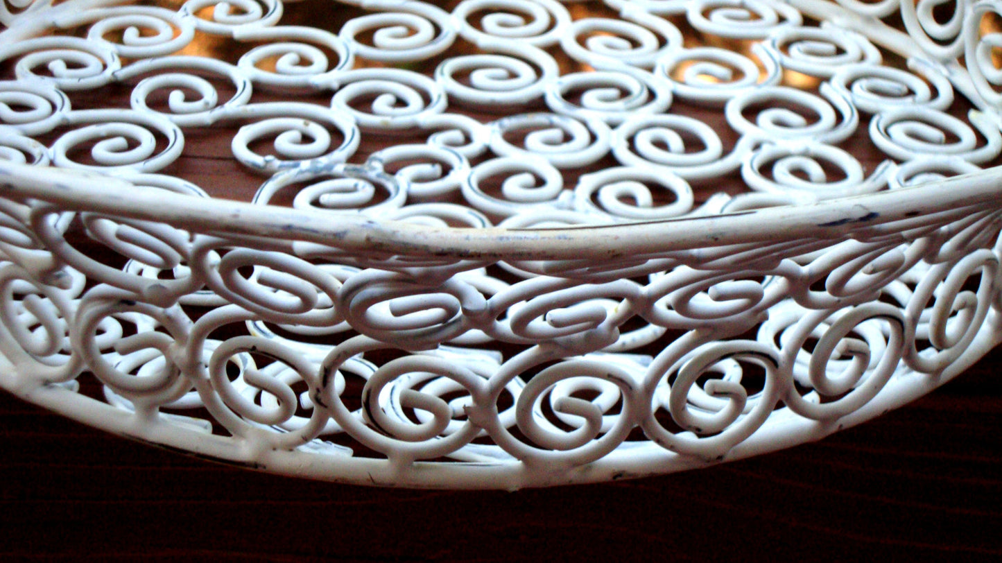 Vintage White Distressed Metal Iron Ornate Basket