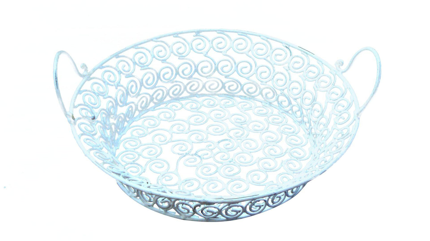 Vintage White Distressed Metal Iron Ornate Basket