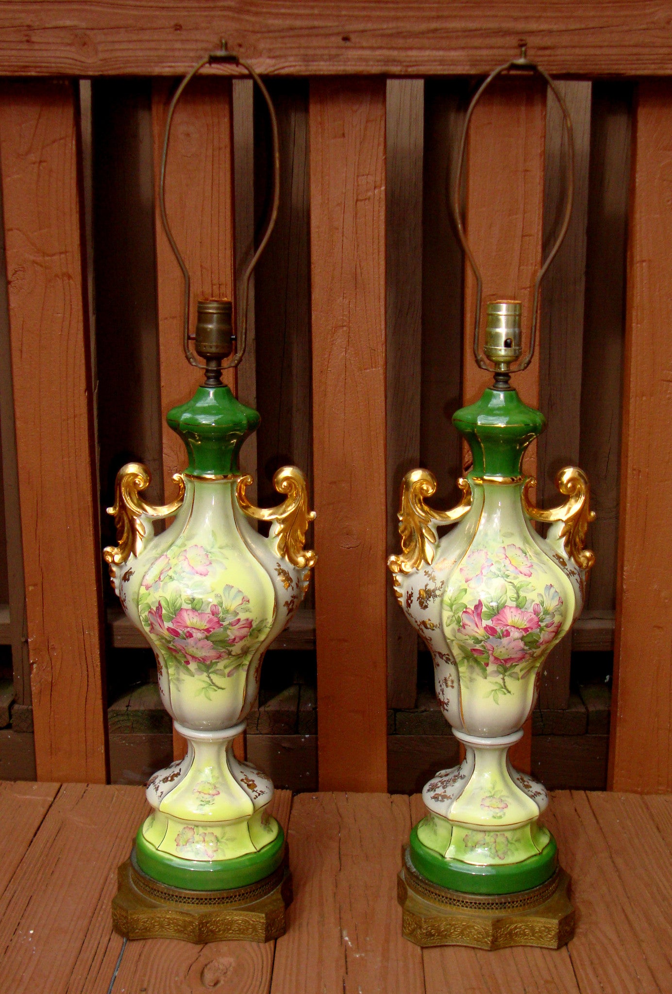 Antique Gilt Victorian Painted Floral Lamps - 2