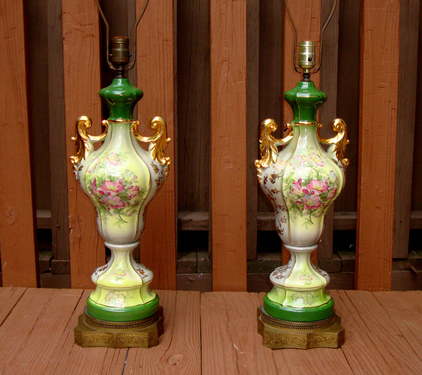 Antique Gilt Victorian Painted Floral Lamps - 2