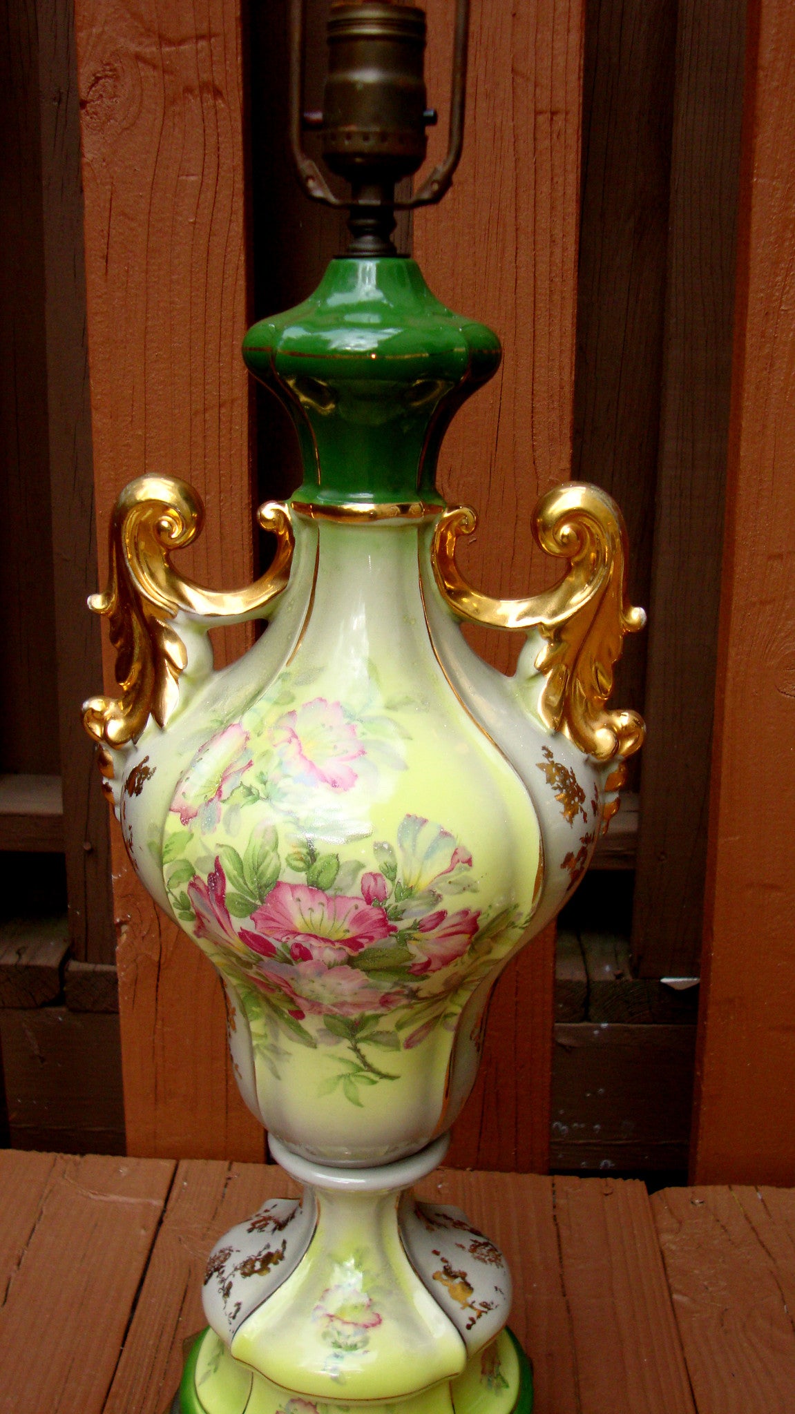Antique Gilt Victorian Painted Floral Lamps - 2