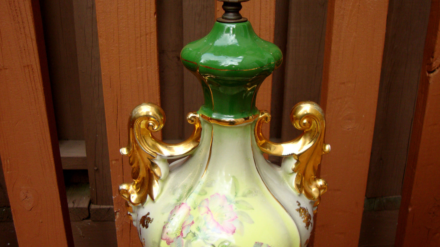 Antique Gilt Victorian Painted Floral Lamps - 2