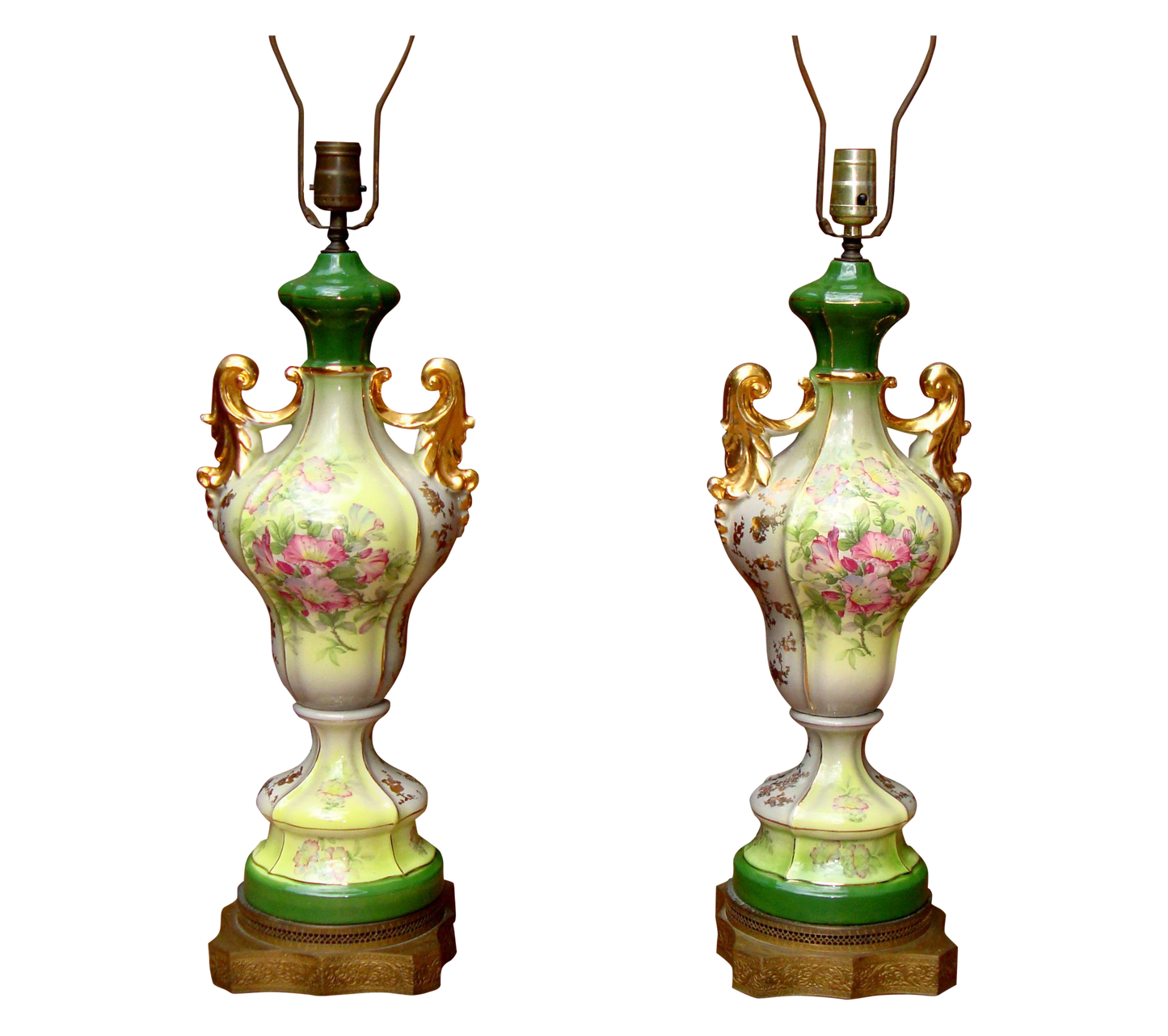 Antique Gilt Victorian Painted Floral Lamps - 2