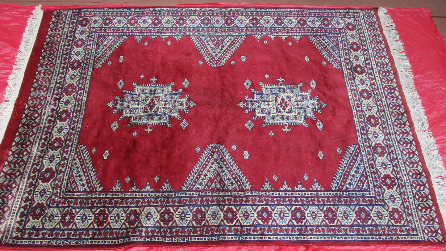 [SOLD] Persian Hand Knotted Burgundy Red Tan Balouch Wool Rug