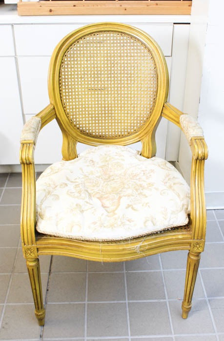 French Provincial Fauteuils Chairs in Gold Yellow Tone and Toile Cushion - Pair of 2
