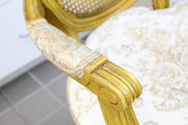 French Provincial Fauteuils Chairs in Gold Yellow Tone and Toile Cushion - Pair of 2 Abby Essie