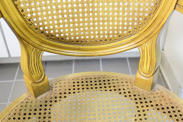 French Provincial Fauteuils Chairs in Gold Yellow Tone and Toile Cushion - Pair of 2