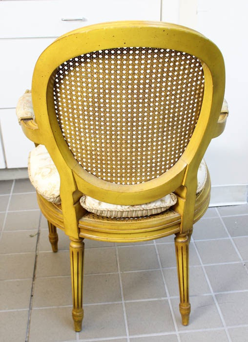 French Provincial Fauteuils Chairs in Gold Yellow Tone and Toile Cushion - Pair of 2 Abby Essie
