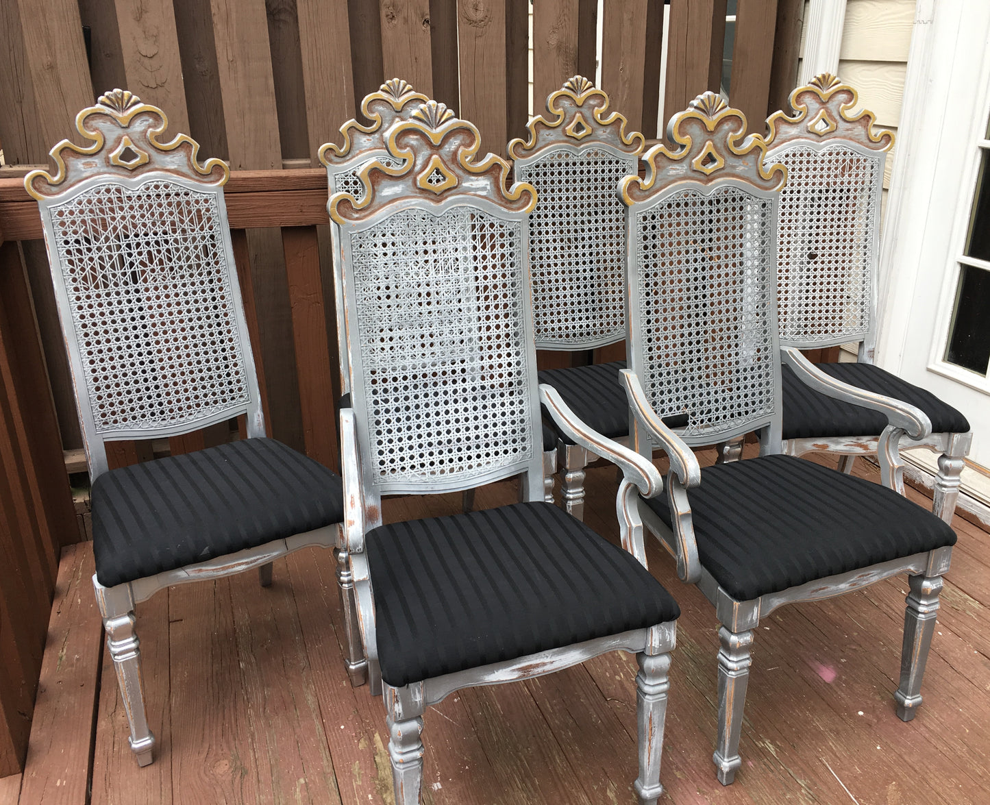 [SOLD] Gilt Painted Gothic Cane Dining Chairs - Set of 6
