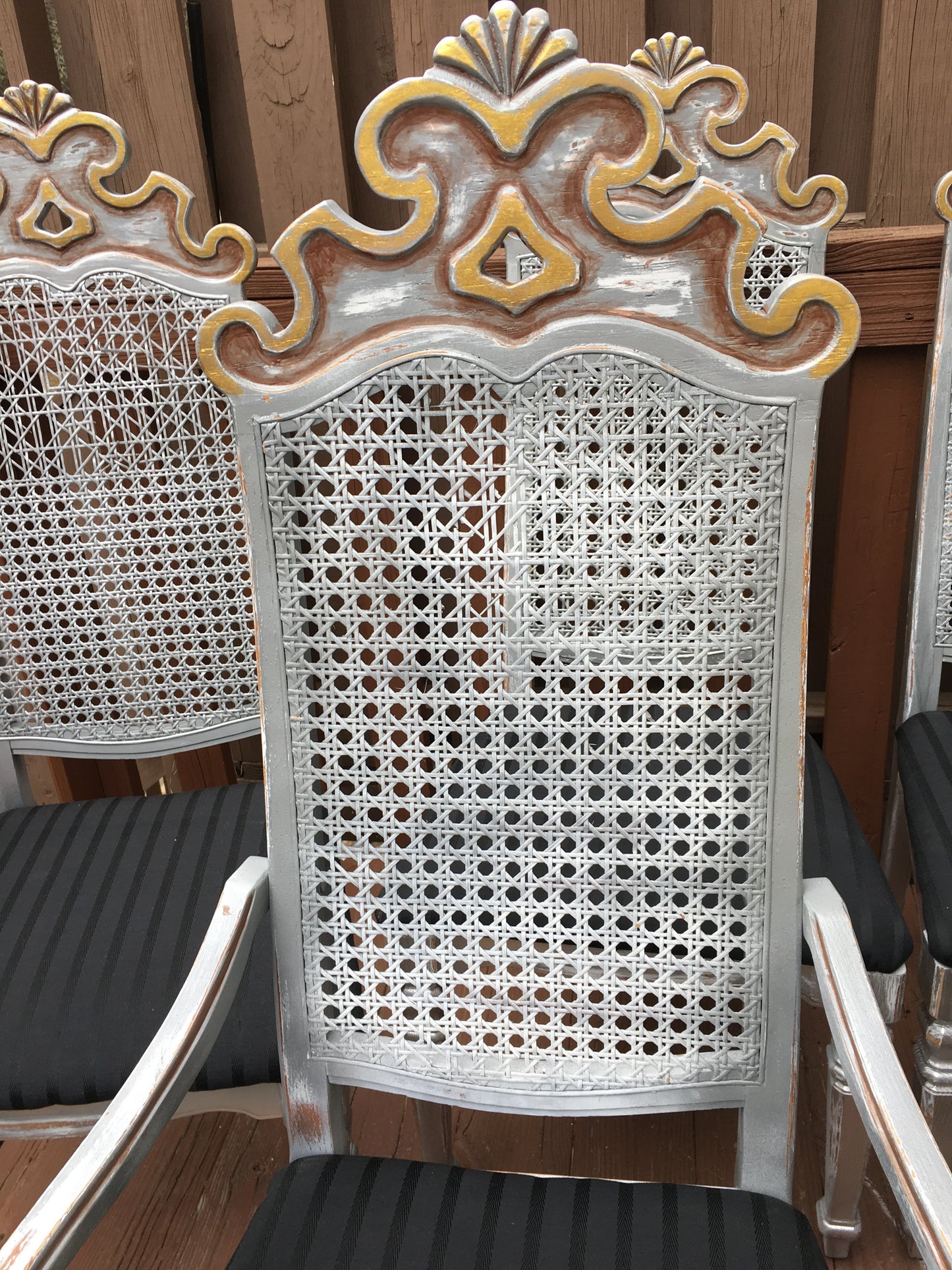 [SOLD] Gilt Painted Gothic Cane Dining Chairs - Set of 6