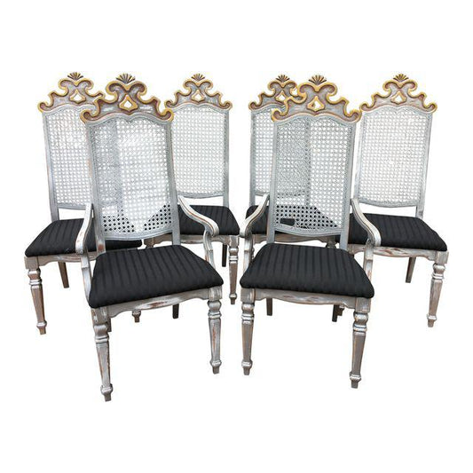 [SOLD] Gilt Painted Gothic Cane Dining Chairs - Set of 6
