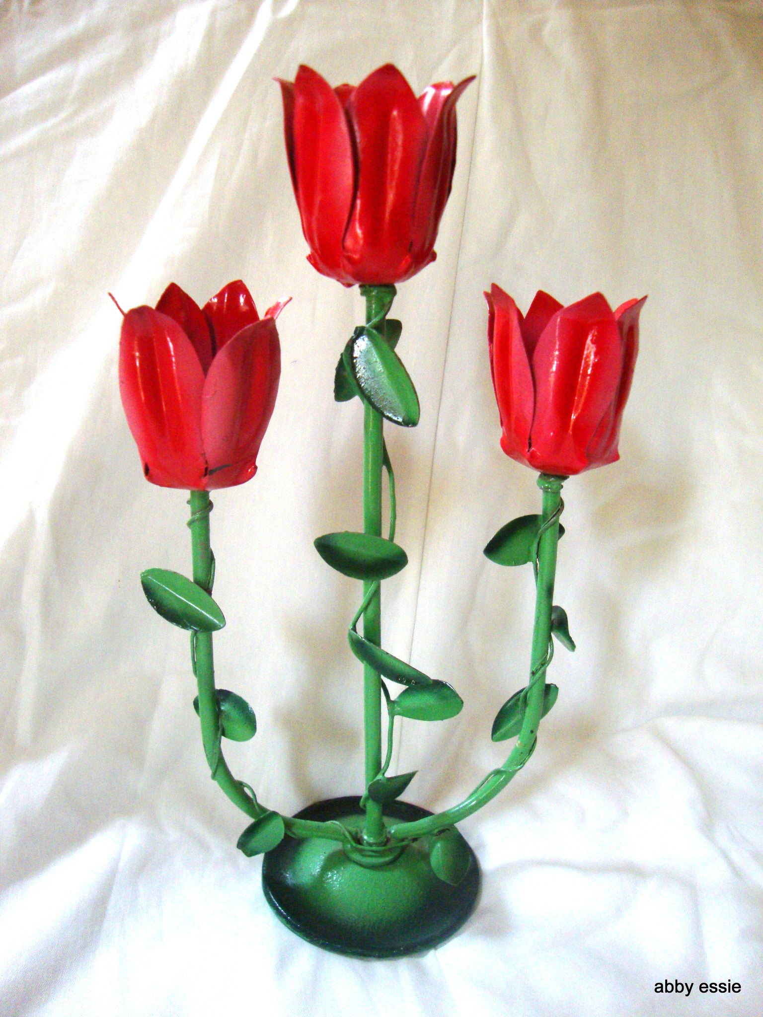 MID CENTURY MODERN JERE VINTAGE METAL SCULPTURE FLORAL RED ROSE CANDLE HOLDER CA Abby Essie