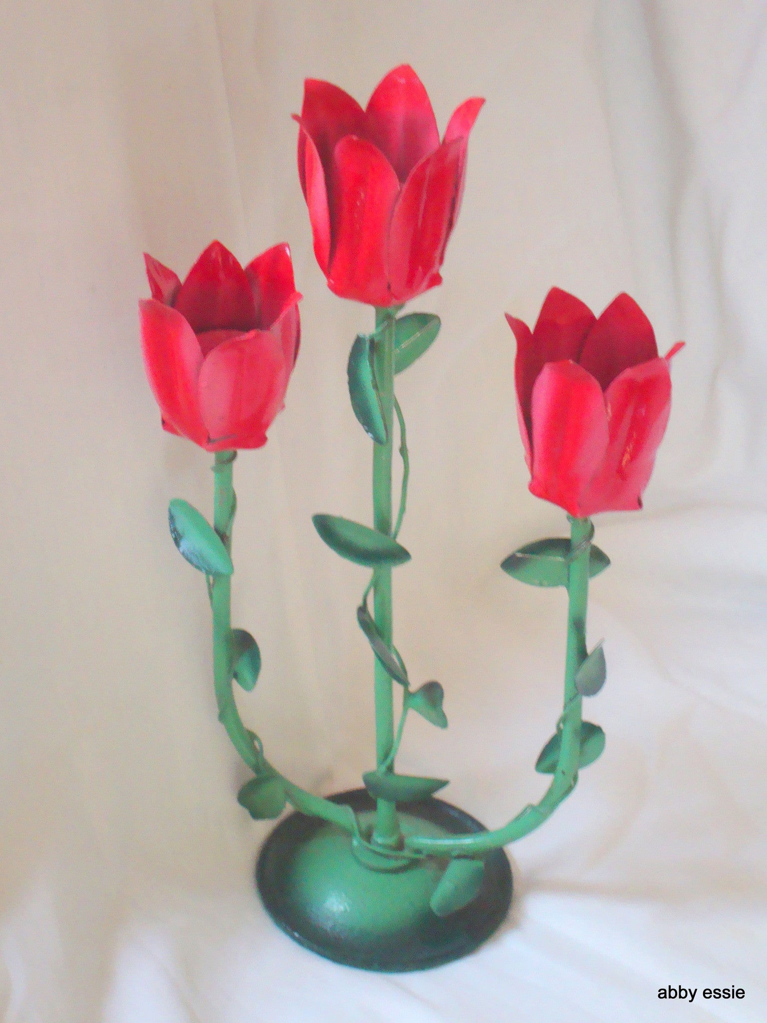 MID CENTURY MODERN JERE VINTAGE METAL SCULPTURE FLORAL RED ROSE CANDLE HOLDER CA Abby Essie